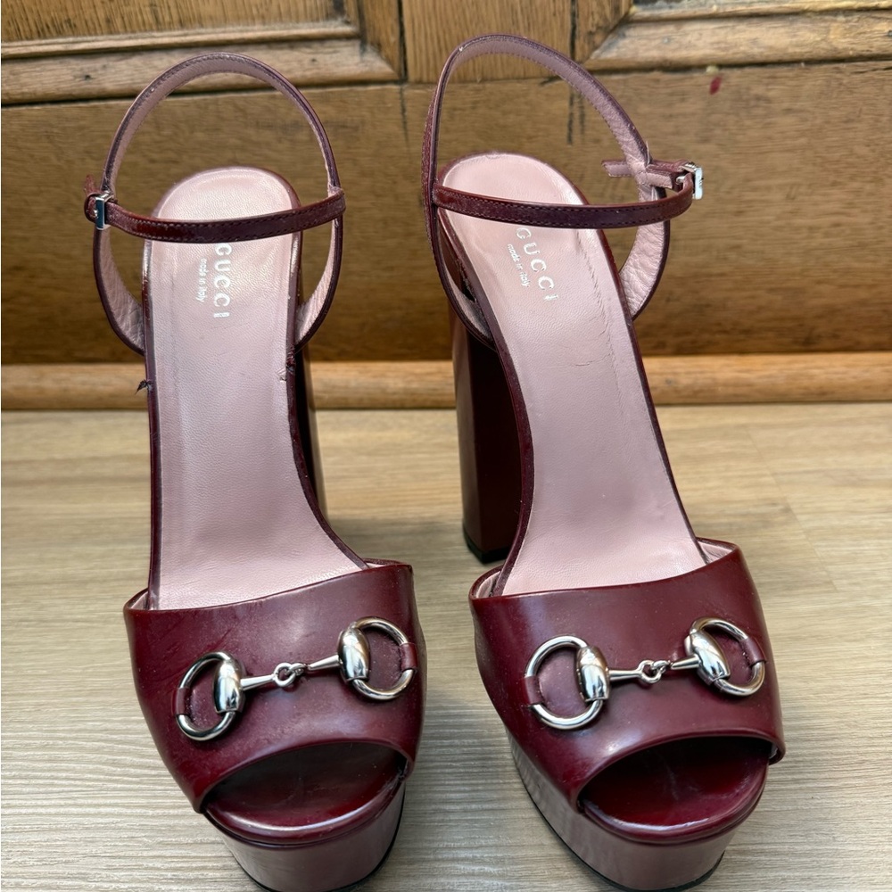 Gucci Women's Burgundy Horsebit Platform Sandals